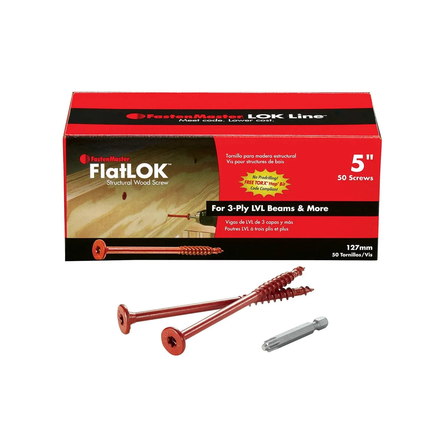 A Go Build 5 in. FlatLOK Structural Deck Screw (50/Pack) box, shown with three red screws and a drill bit, features corrosion resistance for IBC/IRC code compliant projects—The Fastest Way To Build.